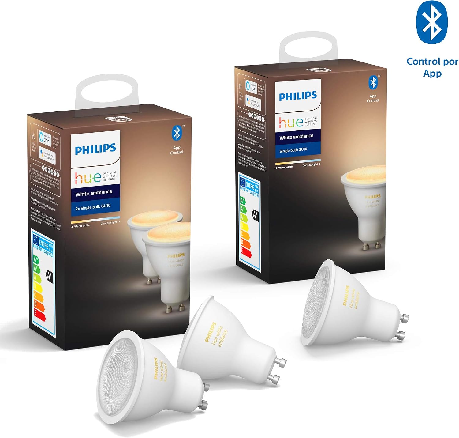 Philips Hue White Ambiance - Pack de 3 bombillas LED GU10, 5.5 W, iluminación inteligente, tonos de luz blanca cálida y fría regulable (compatible con Amazon Alexa, Apple HomeKit y Google Assistant)