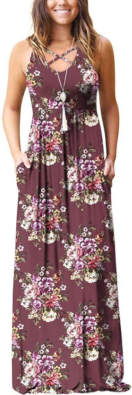 EZBELLE Women's Sleeveless Racerback and Long Sleeve Maxi Dresses with Pockets Plain Loose Long Dresses