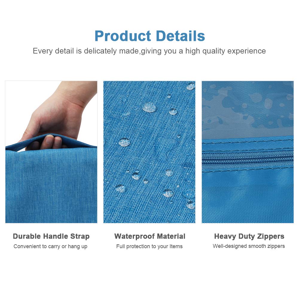 Hanging Toiletry Bag Water Resistant, Travel Wash Bags Cosmetic Bags with 8 Pouches, Bathroom Shower Organizer Portable Durable for Men and Women (Blue)