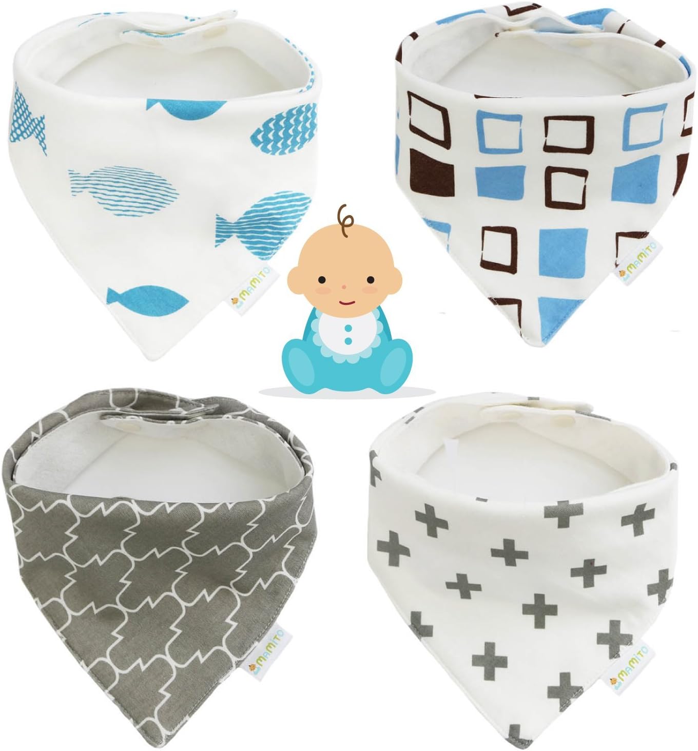 Mamito Bandana Baby Bibs 4-Pack, Absorbent Unisex Cotton baby Bib, Soft & Adjustable