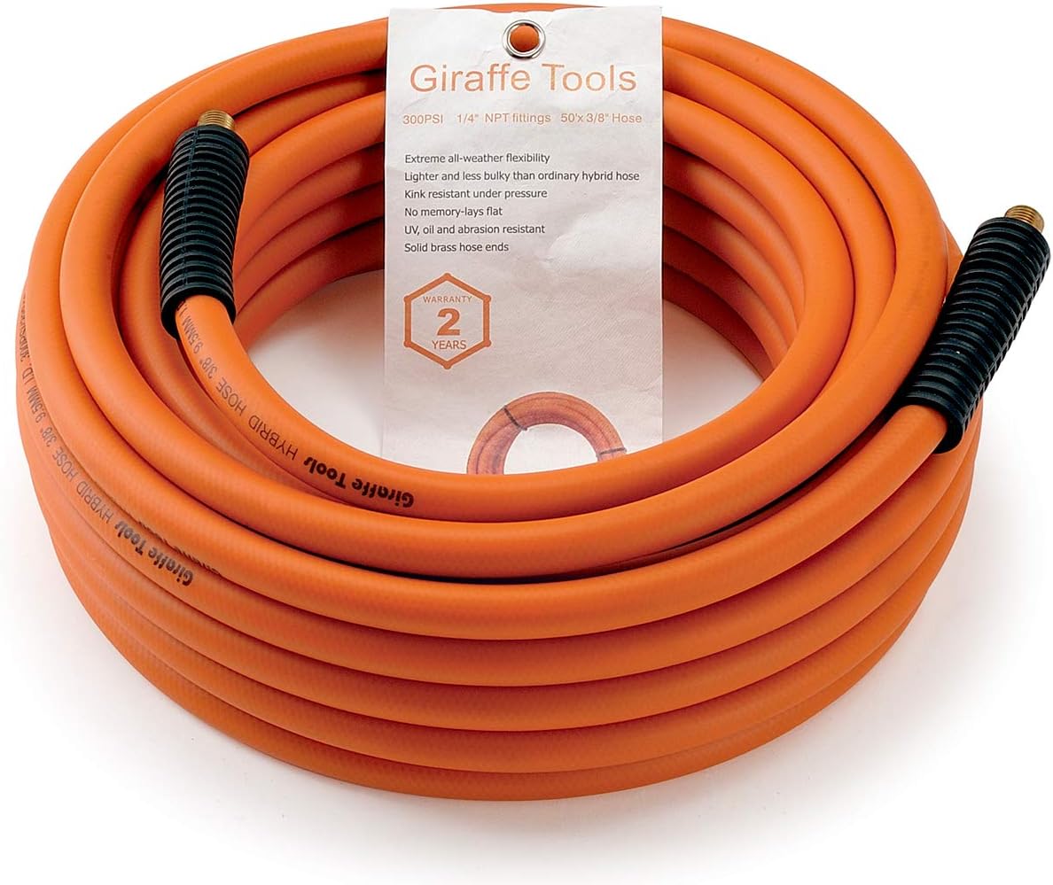 Hybrid Air-Hose 3/8 in. x 50 FT.1/4 in. MNPT Fittings, 300 PSI, Lightweight Flexibility Polymer Hose by Giraffe - - 