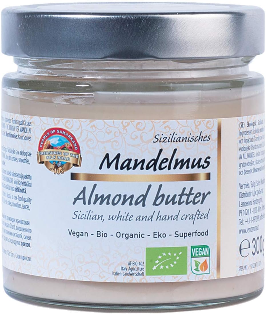 Pure Sicilian Organic White Almond Butter 300g Puree, 100% Almonds, Without Salt and Sugar, Vegan