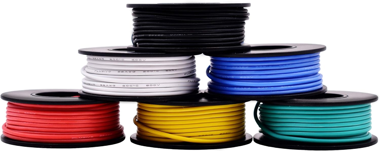 22AWG Silicone Hook Up Wire - 22 Gauge Stranded Tinned Copper Wire with Silicone Insulation, 6 Colors (Black, Red, Yellow, Green, Blue, White) 23ft / 7m Each, Hook Up Wire Kit from Plusivo: Industrial & Scientific