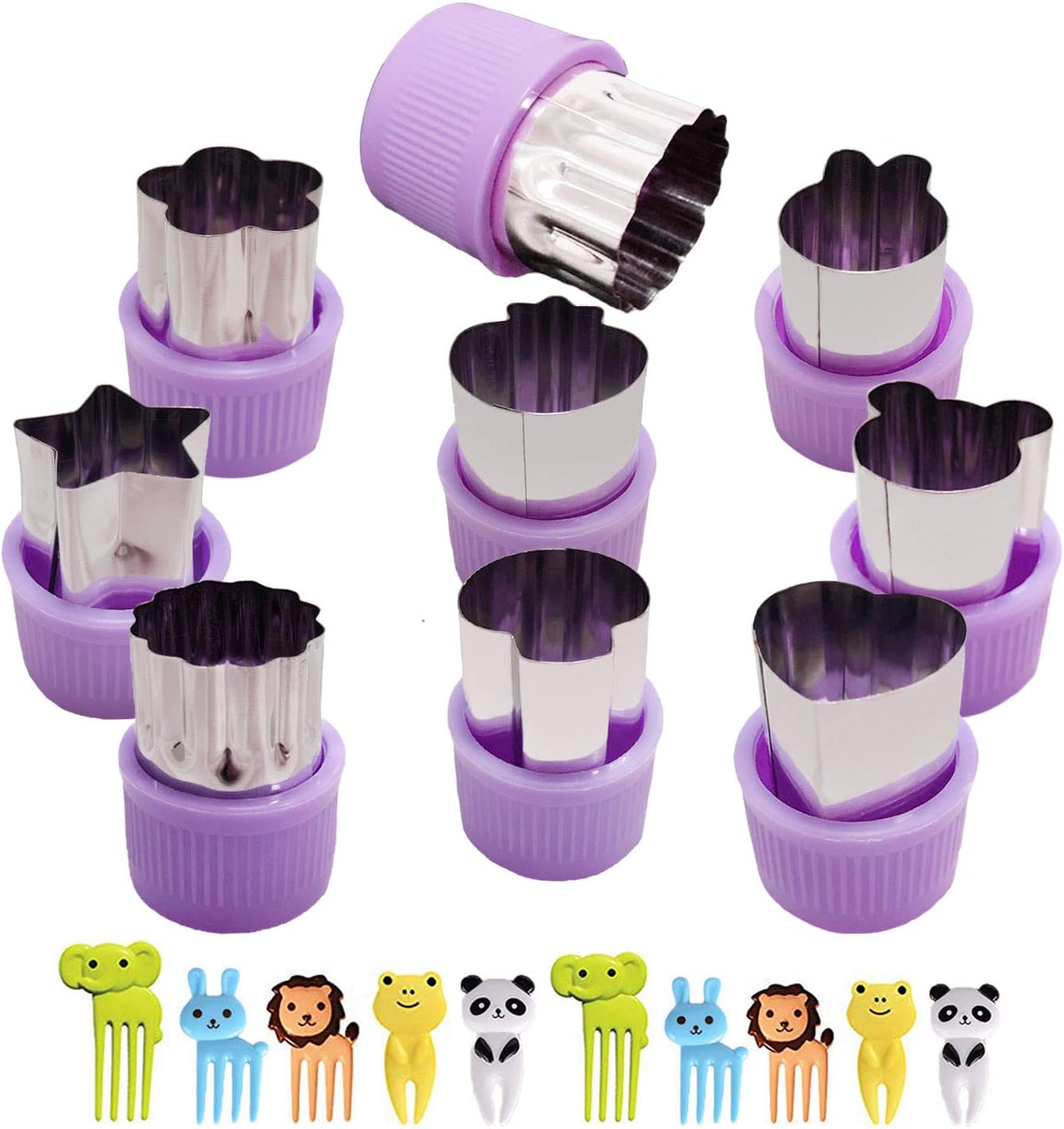 Fruit Cutter Shapes Set Vegetable Cookie Stamps Decorative Food Stainless Steel Cutters for Kids Mini Cookie Anti-Slip Protection Handle for Safely Customizing Pastry BOUNS 10PCS Fruit Fork