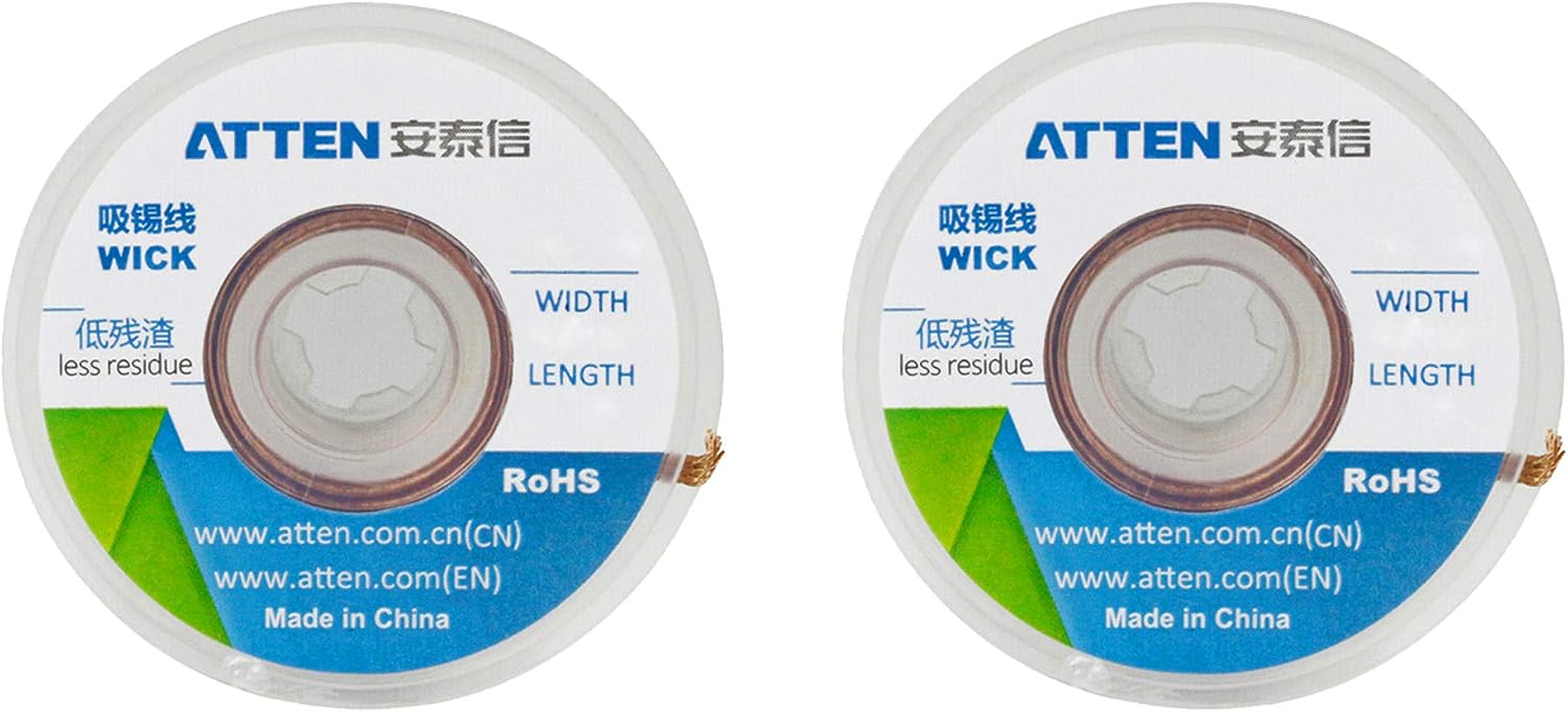 ATTEN Desoldering No-Clean Rosin Flux Super-Fine Solder Wick Braid, 1.5mm, 2M - Pack of 2
