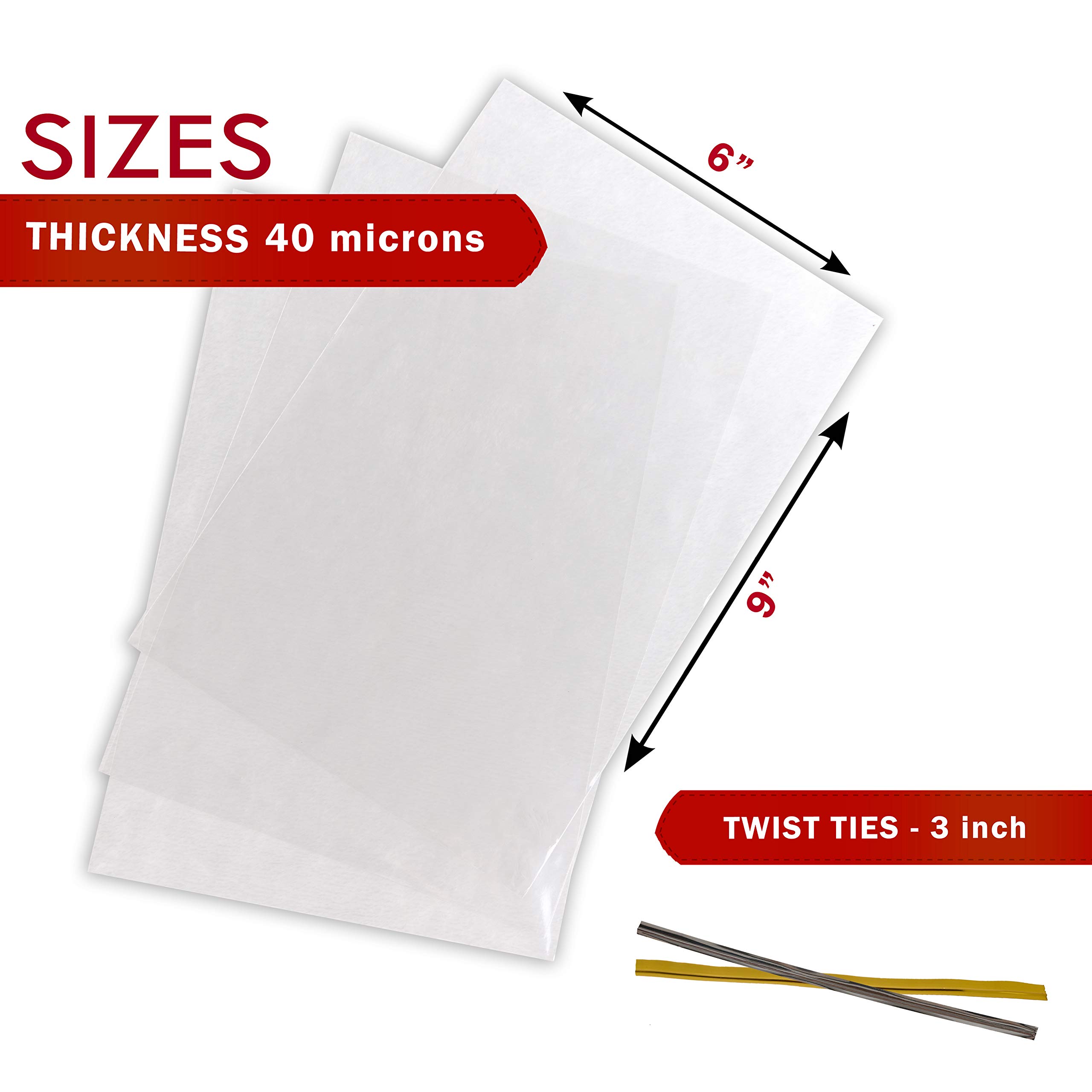 VANILILA Clear Cellophane Bags 100ct with Ties & 10 Bows - 40MM Thickness 6x9\