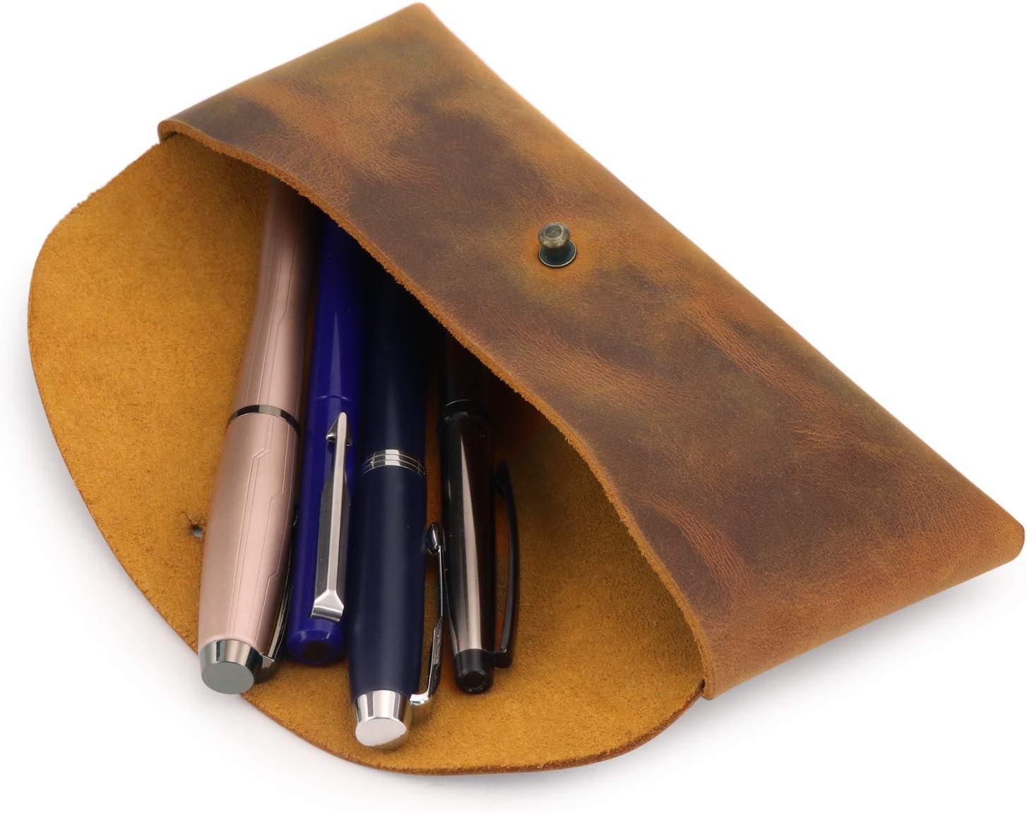 LONDO Genuine Leather Retro Pen and Pencil Case - Metal Snap Fastener, Pencil Pouch Stationery Bag, Camel - Image 3