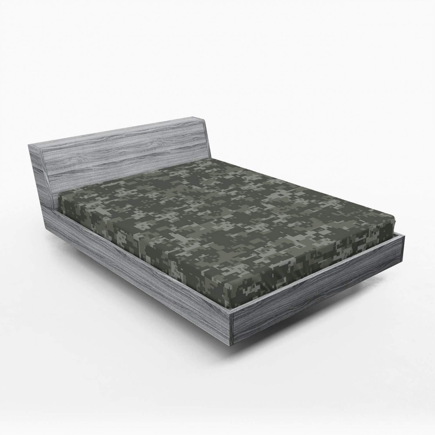 Ambesonne Camouflage Fitted Sheet, Monochrome Attire Pattern Concealing Hiding in The Woods Themed Print, Soft Decorative Fabric Bedding All-Round Elastic Pocket, Queen Size, Army Green