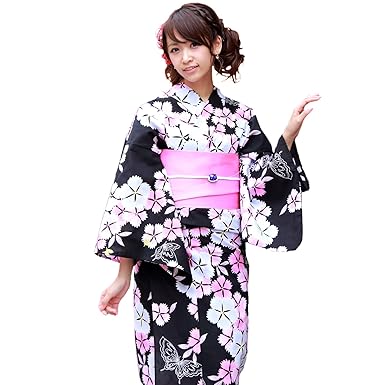Amazon 浴衣 女 セット 黒地にピンク撫子と蝶 平帯タイプ