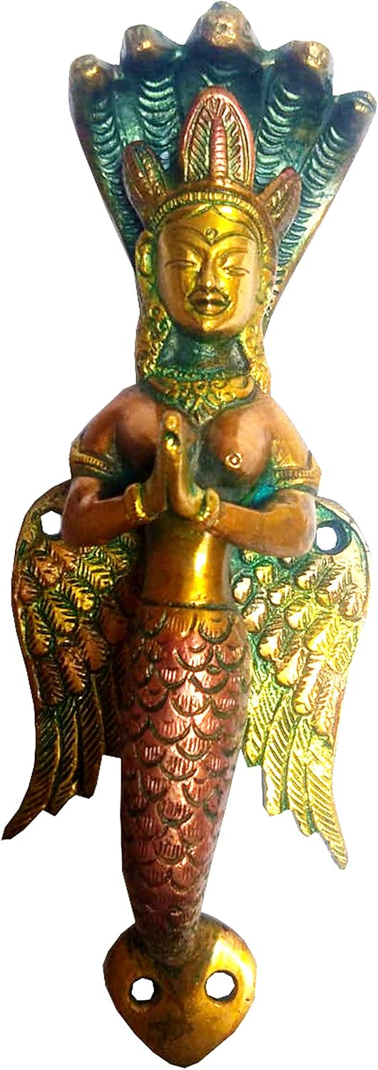 Purpledip Brass Handle Serpent Snake Goddess Nag Kanya; Magnificent Grip for Doors or Windows (11744 A), Multicolor, Standard