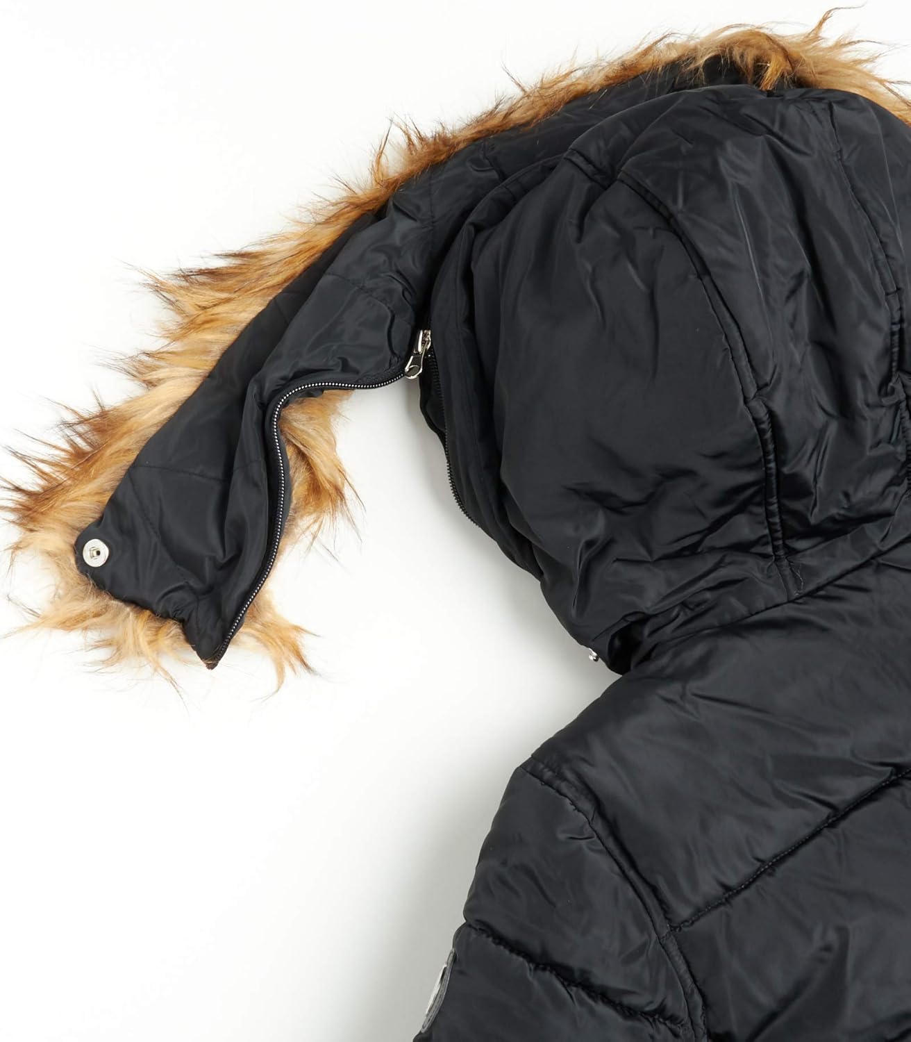 DKNY Girls' Heavyweight Quilted Bubble Jacket with Snap and Zip Closure and Removable Fur Hood: Clothing