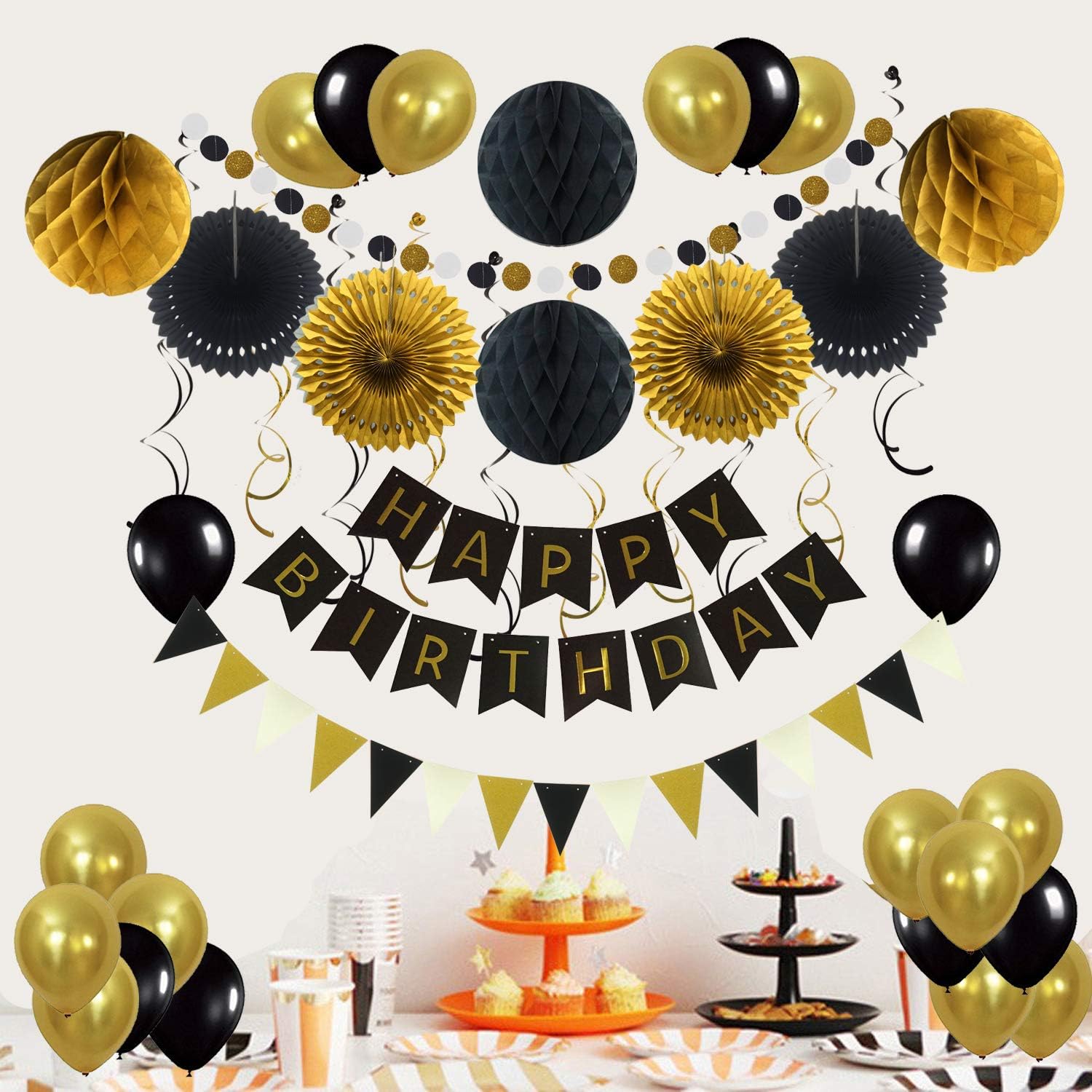 ZERODECO Birthday Party Decoration, Happy Birthday Banner with Paper Fans, Honeycomb Balls, Triangular Pennants - Image 5