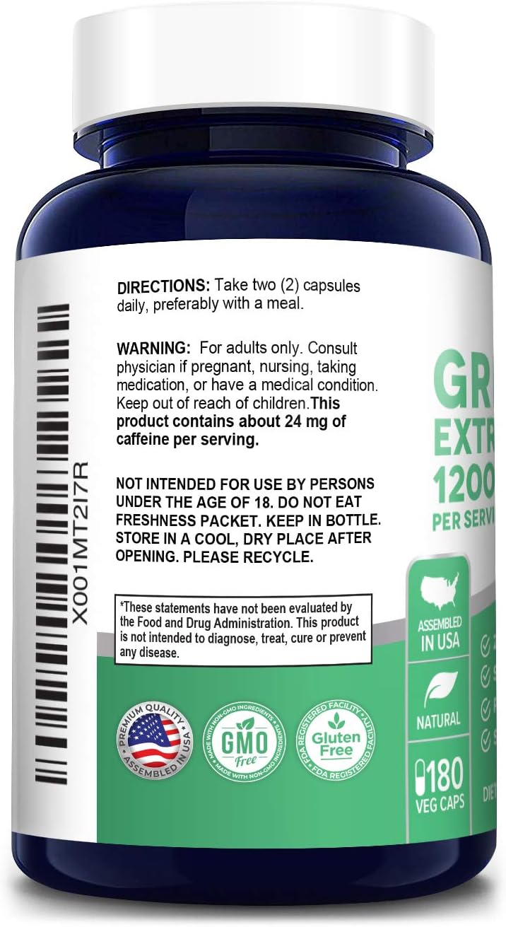 Green Tea Extract 98% 1200mg with EGCG 180 Vegetarian Capsules (Non-GMO & Gluten Free) Extract 20:1 Equivalent to 24000mg Green Tea Per Serving - Max Potency - Support Weight Loss & Metabolism Boost: Health & Personal Care