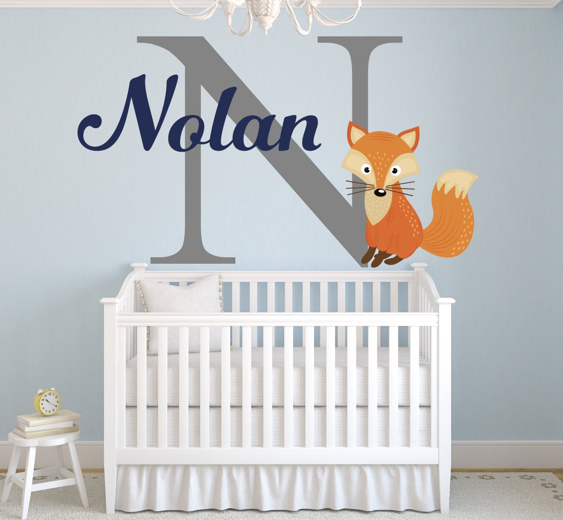 Lovely Decals World LLC Fox Nursery Wall Decal Personalized Boys Name Art Sticker Nursery Decor Vinyl LD48 (42" W x 24" H)