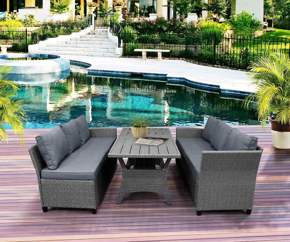 HCTT SHOW Patio Dining Table Set Outdoor Furniture PE Rattan Wicker Conversation Set All-Weather Sectional Sofa Set with Table & Soft Cushions (Brown（Gray) for Living Room,Outdoor Platform (Gray): Garden & Outdoor
