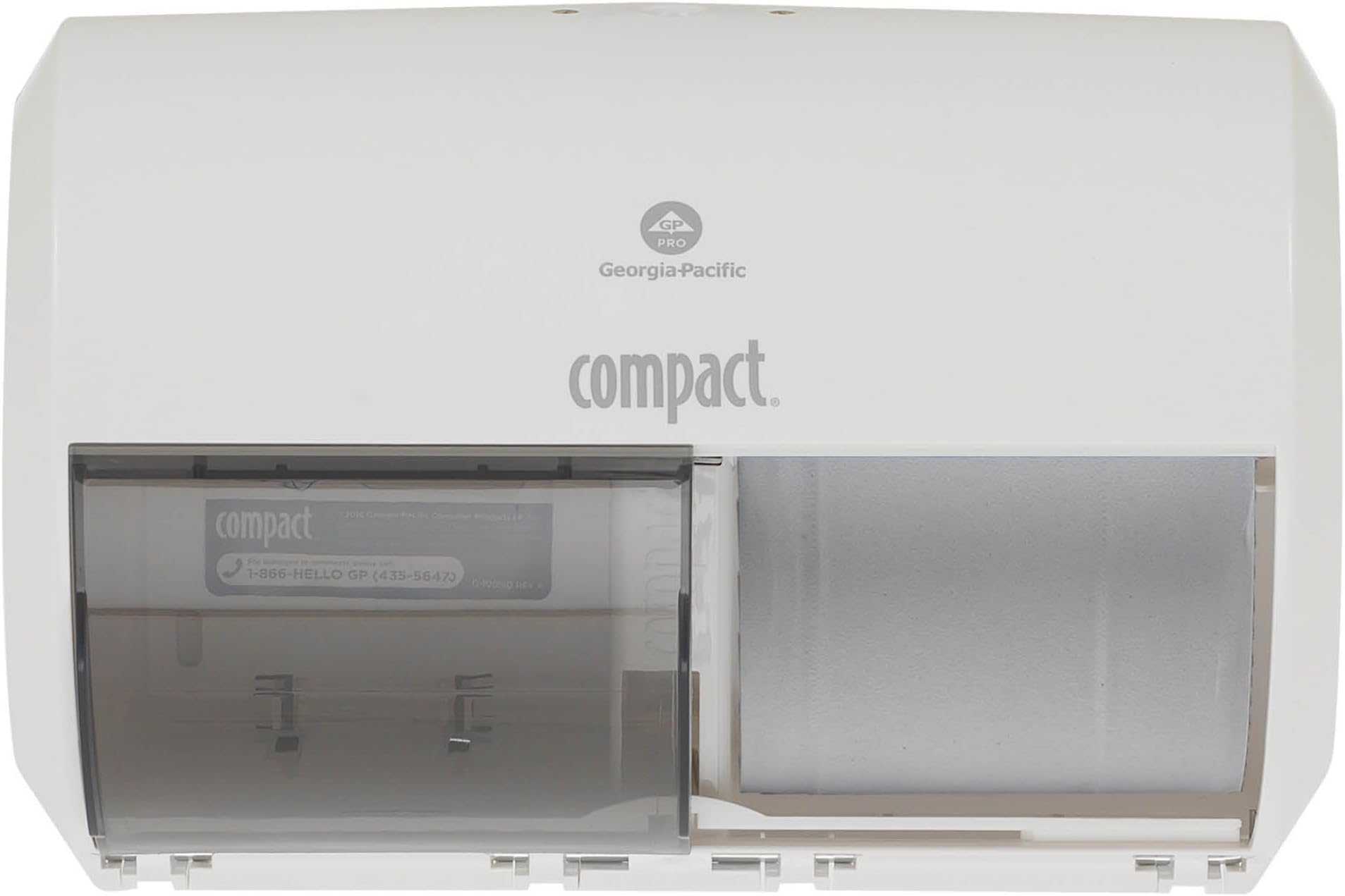 Compact 2-Roll Side-by-Side Coreless High-Capacity Toilet Paper Dispenser by GP PRO (Georgia-Pacific), White, 56797A, 10.120” W x 6.750” D x 7.120” H