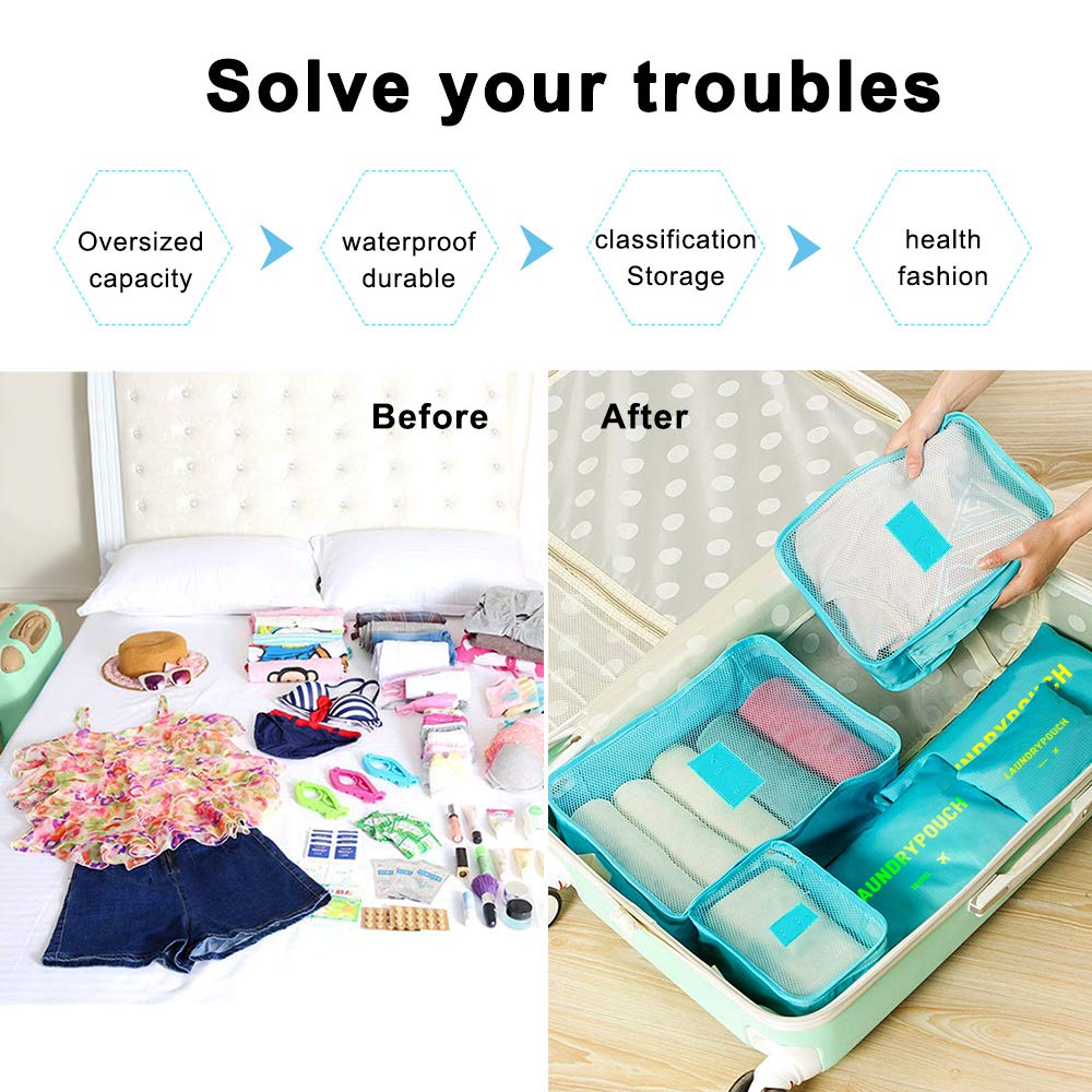 aKing Packing Cubes Set of 6 Travel Organizers with Laundry Bag for Travel Compression(Blue)