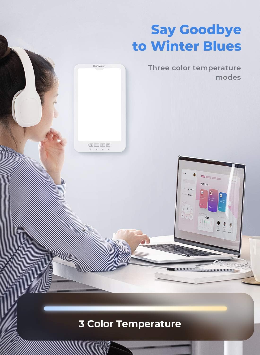 Light Therapy Lamp, HeimVision UV-Free 10000 Lux Therapy Light, Touch Control with 3 Color Temperature, 5 Adjustable Brightness Levels, 4 Timer Function, Memory Function for Home/Office Use: Health & Personal Care