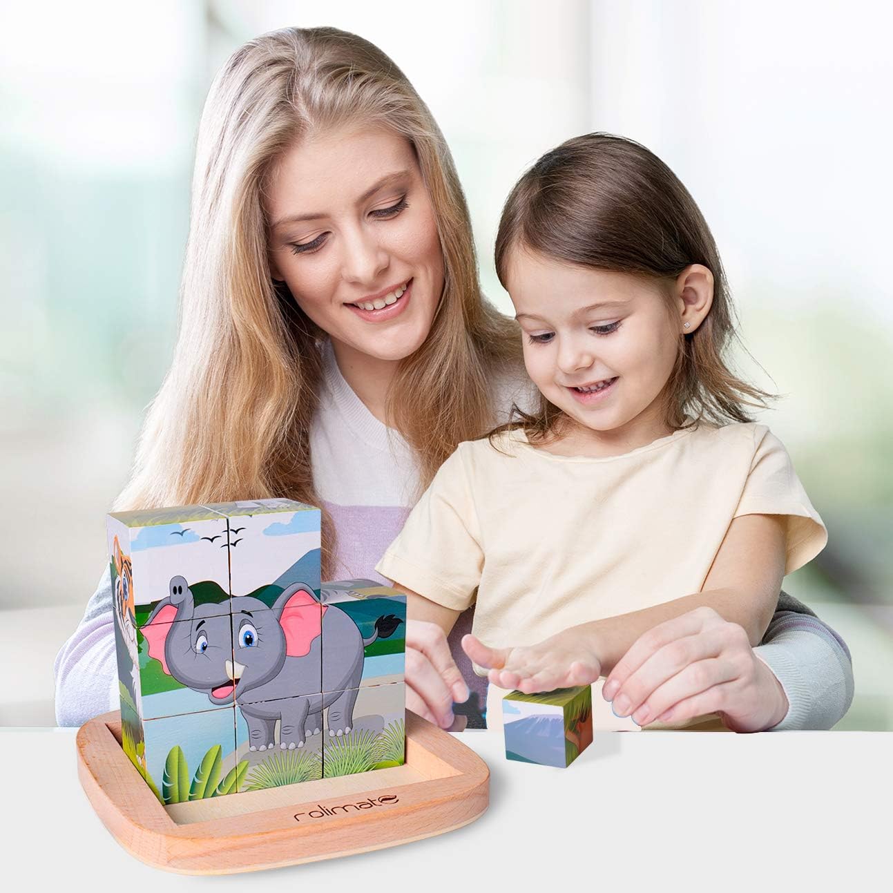 6 in 1 Wooden Block Puzzle Animal Cube Puzzle for 2 3 4+ Years Boy Girl Educational Toys Montessori Toys for Toddlers Jigsaw Puzzle with Puzzle Tray: Toys & Games