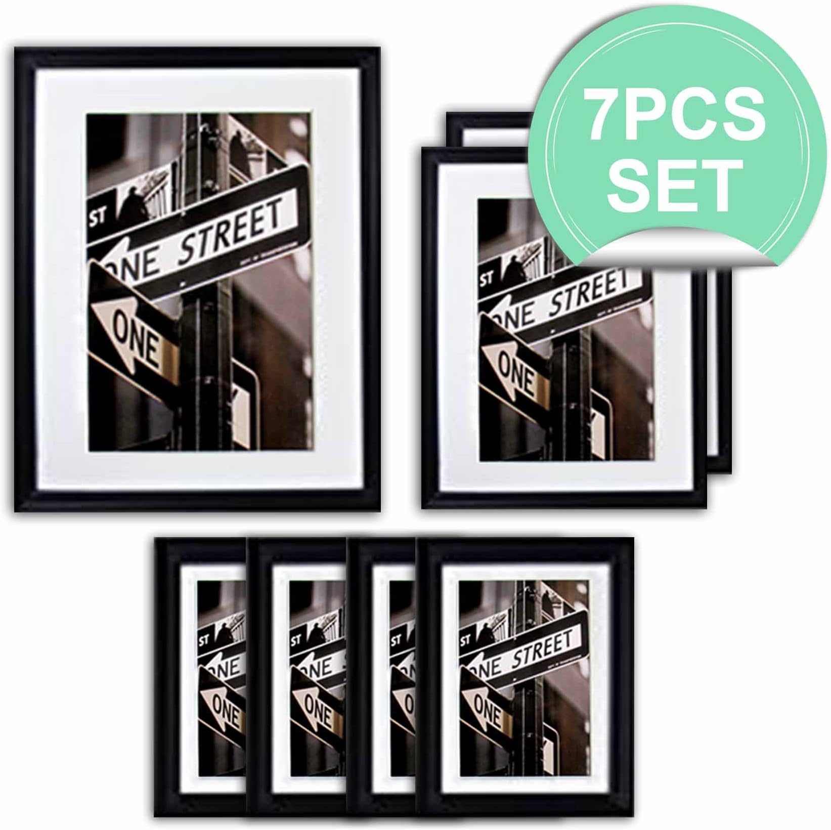 TheDisplayGuys 7pc Solid Pine Wood Tempered Glass Gallery Wall Picture Frames Set - four 5x7, two 8x10, one 11x14 - with Collage Mats & Easels (Black)