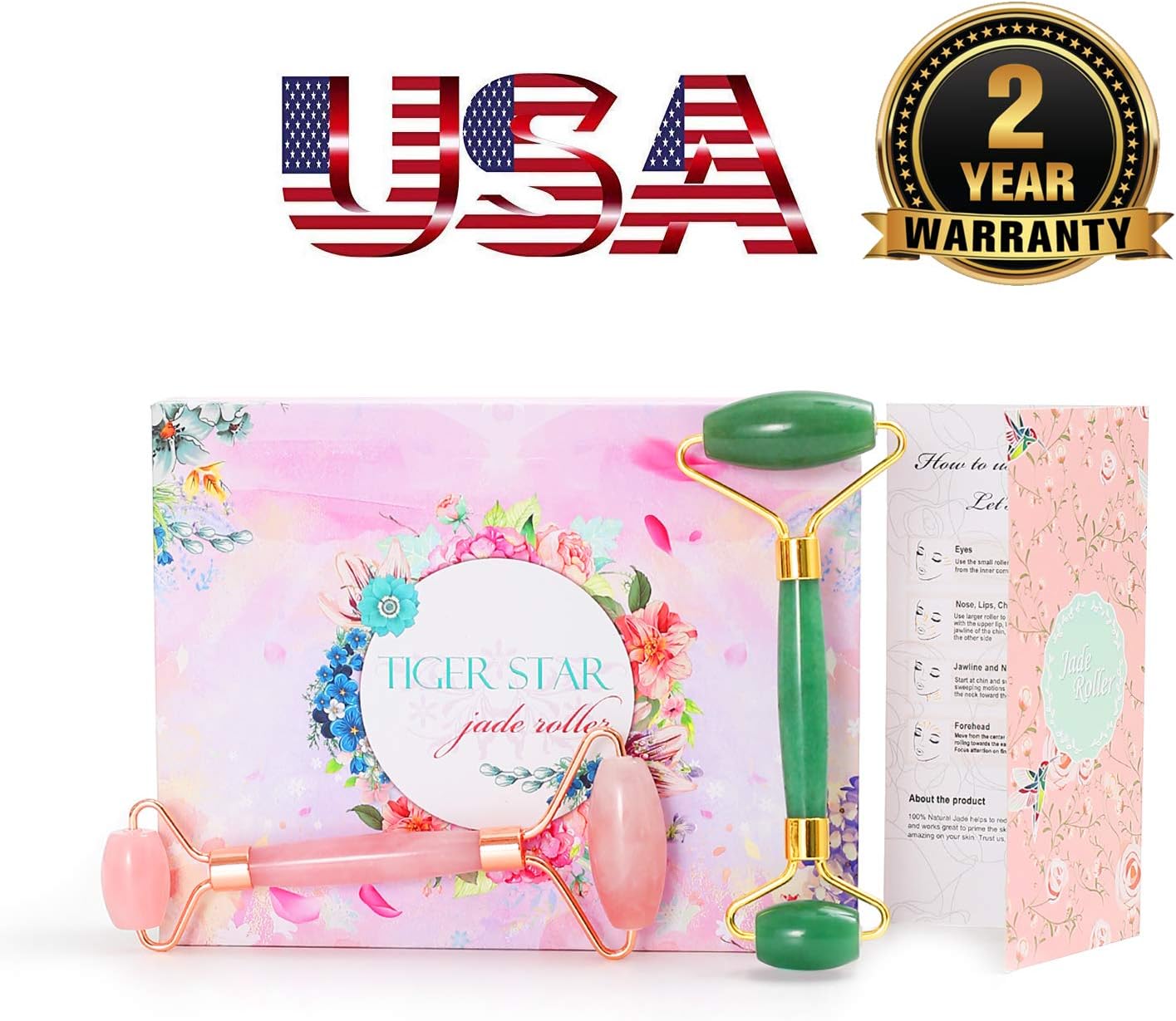 Natural Quartz Roller 2-in-1 Jade Roller Set - Anti-Aging Facial Rollers and Beauty Tools for Face and Body, Facial Therapy - Handmade Skincare Tool (Powder Crystal + Dongling)