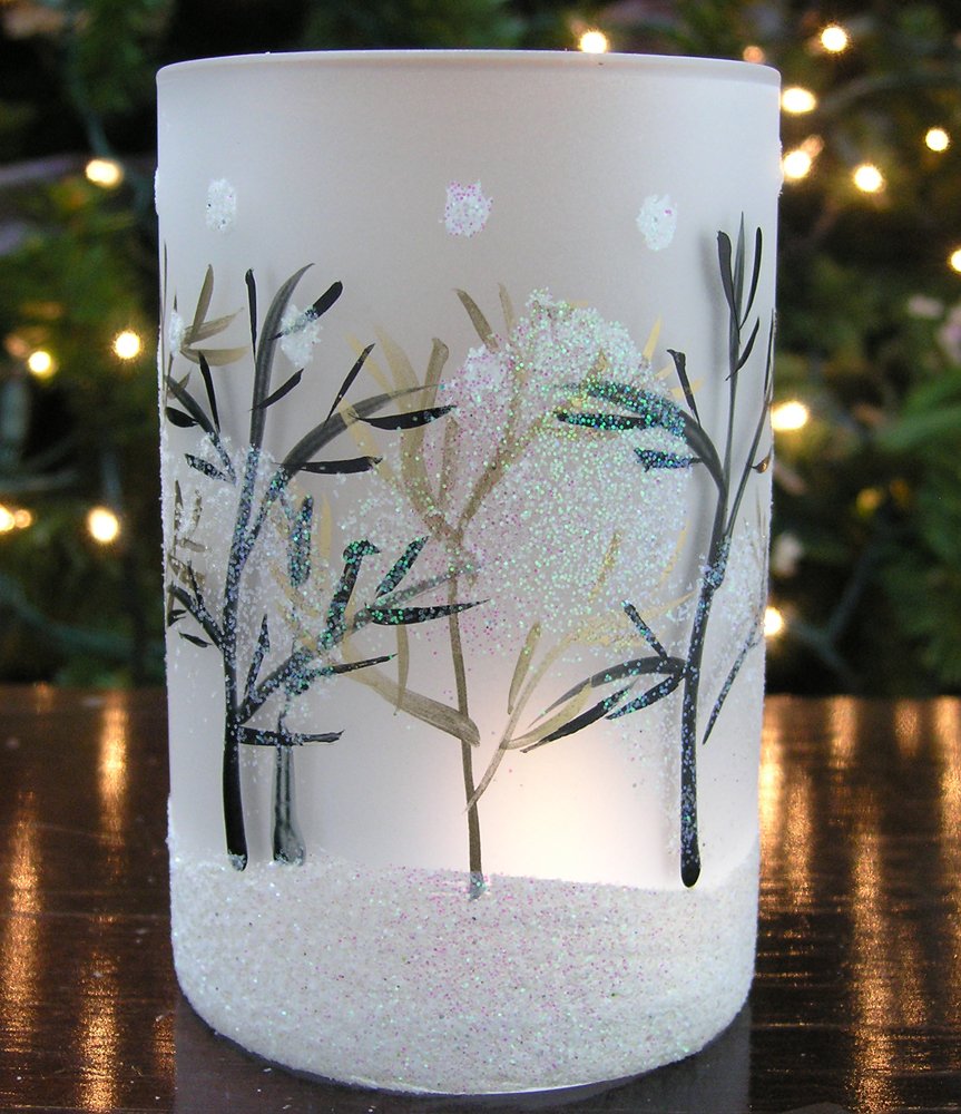 Frosted Glass Candle Holders Set of 3 Pcs Hand Painted Birch Branches