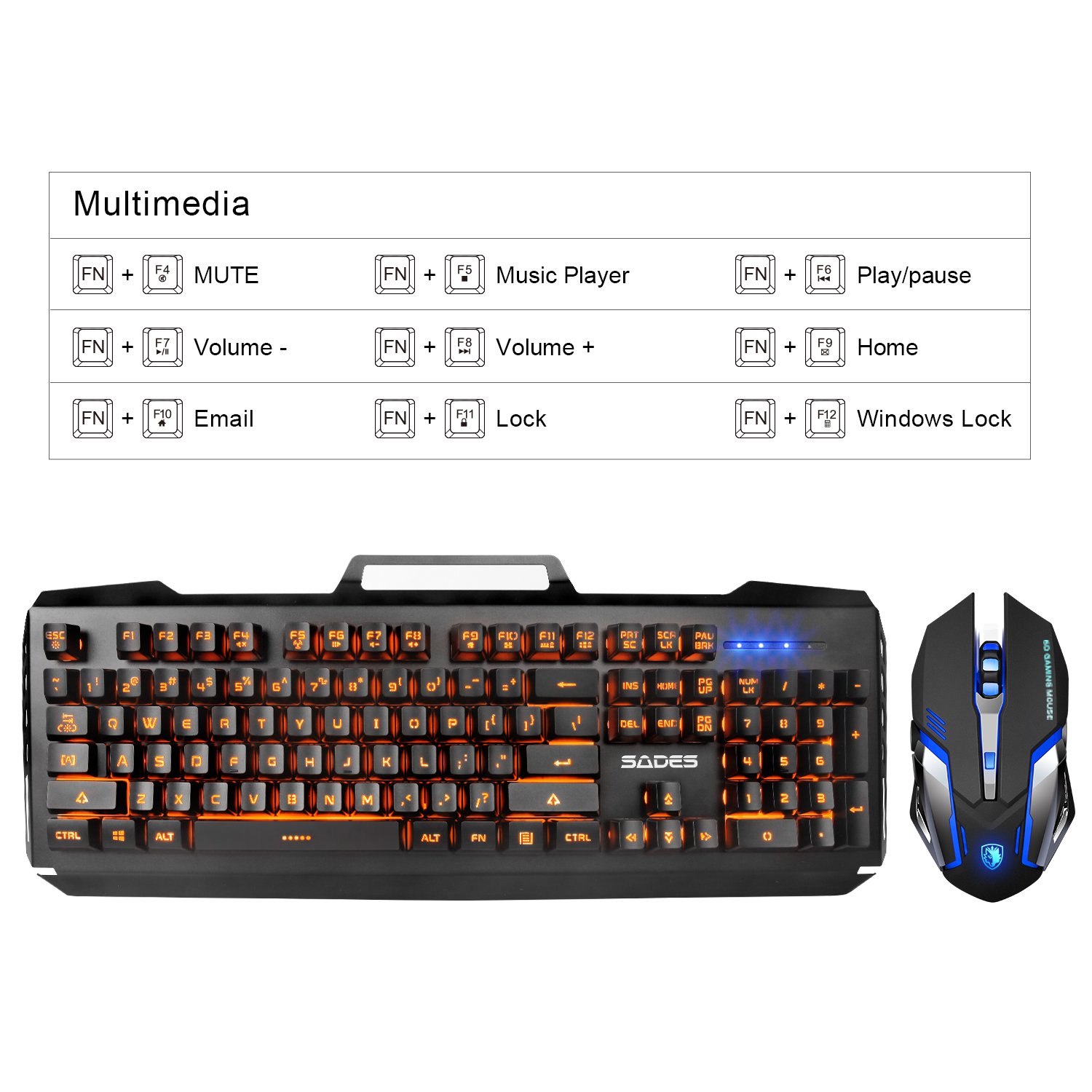 SADES keyboard and mouse sets,wired keyboard with,orange lights and