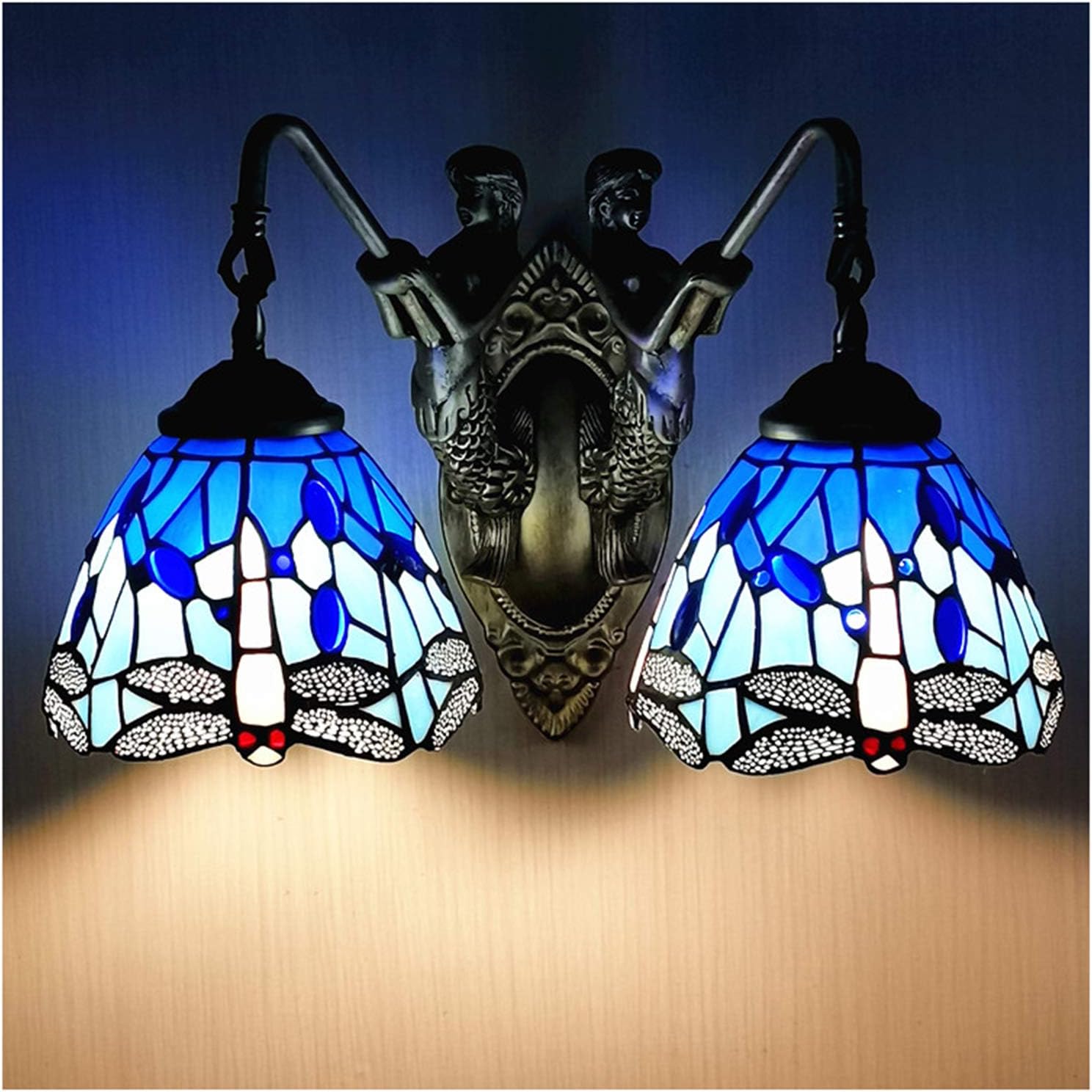 Tiffany Stil Doppelkopf Wandleuchte, Vintage Meerjungfrau Wandlampe