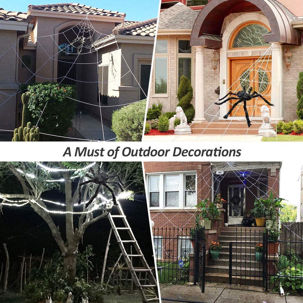 Outdoor Halloween Decorations, Giant Halloween Spider Web Decoration 16.5ft Large Spider Web with 19.7 inch Hairy Spider Stretch Spider Web 10 Plastic Spiders Halloween Party Decorations Supplies Outdoor Yard Decor - White Web
