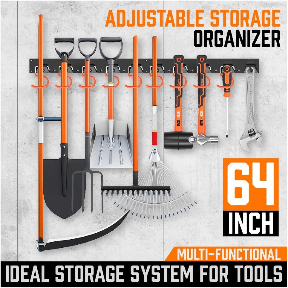 HORUSDY 64 Inch Adjustable Storage System, Wall Mount Tool Organizer, Tool Hangers for Mop and Broom Holder Shovel, Rake, Broom, Mop Holder, Etc. - - 