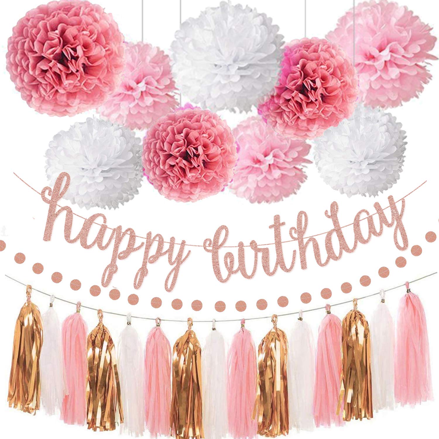Pink Rose Gold Birthday Party Decorations Set, Rose Gold Glittery Happy Birthday banner, Tissue Paper Pom, Circle Dots Garland and Tassel Garland for Birthday Party Decorations