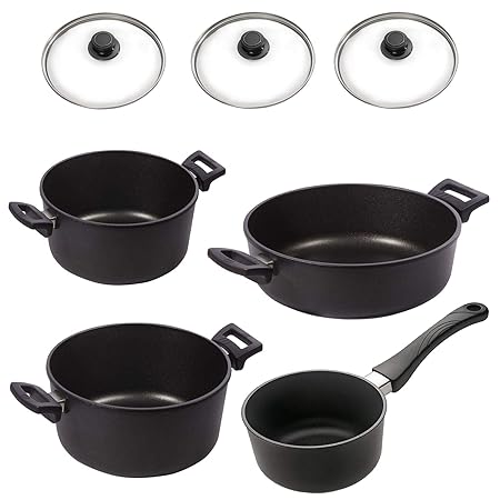 Eurolux Kochtopf Set Induktion 6-teilig antihaft Aluguss Bratentopf Kochtöpfe Stieltopf PFOA frei inkl. Deckel Edelstahlrand