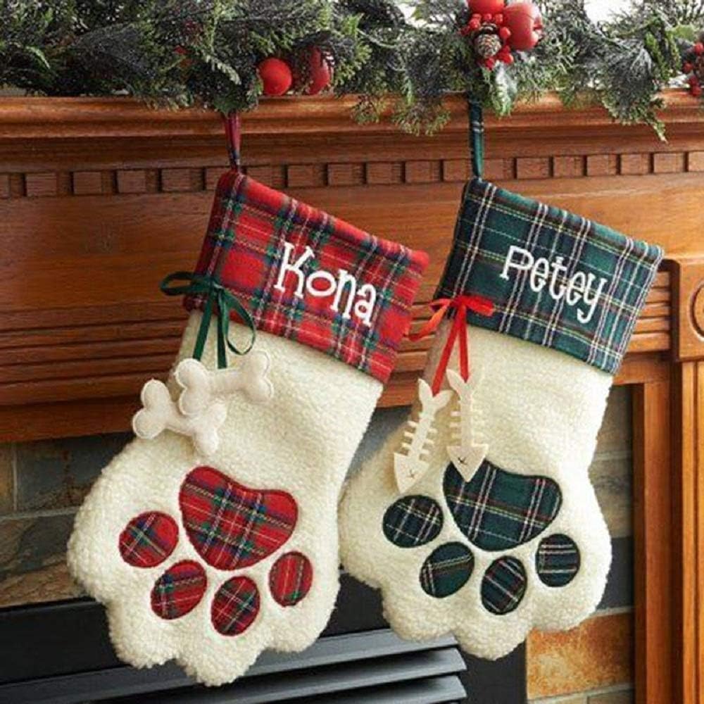 Huttoly Christmas Pet Dog Paw Stocking Tree Ornaments Kids Gift Bag (Blue)