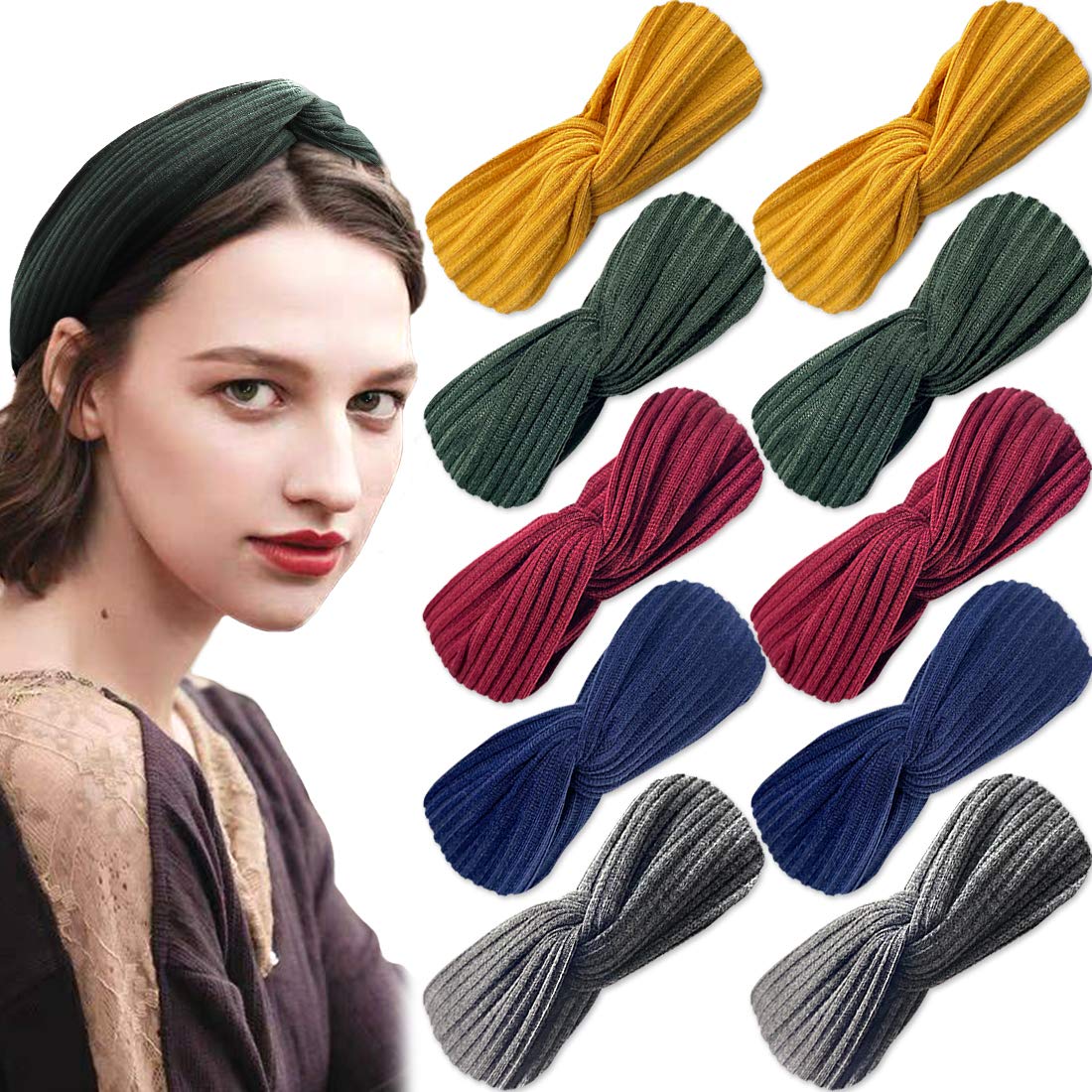 10 Pack Twist Headbands for Women Fashion Stretchy Turban Hair Bands Headwraps, Solid Color: Beauty