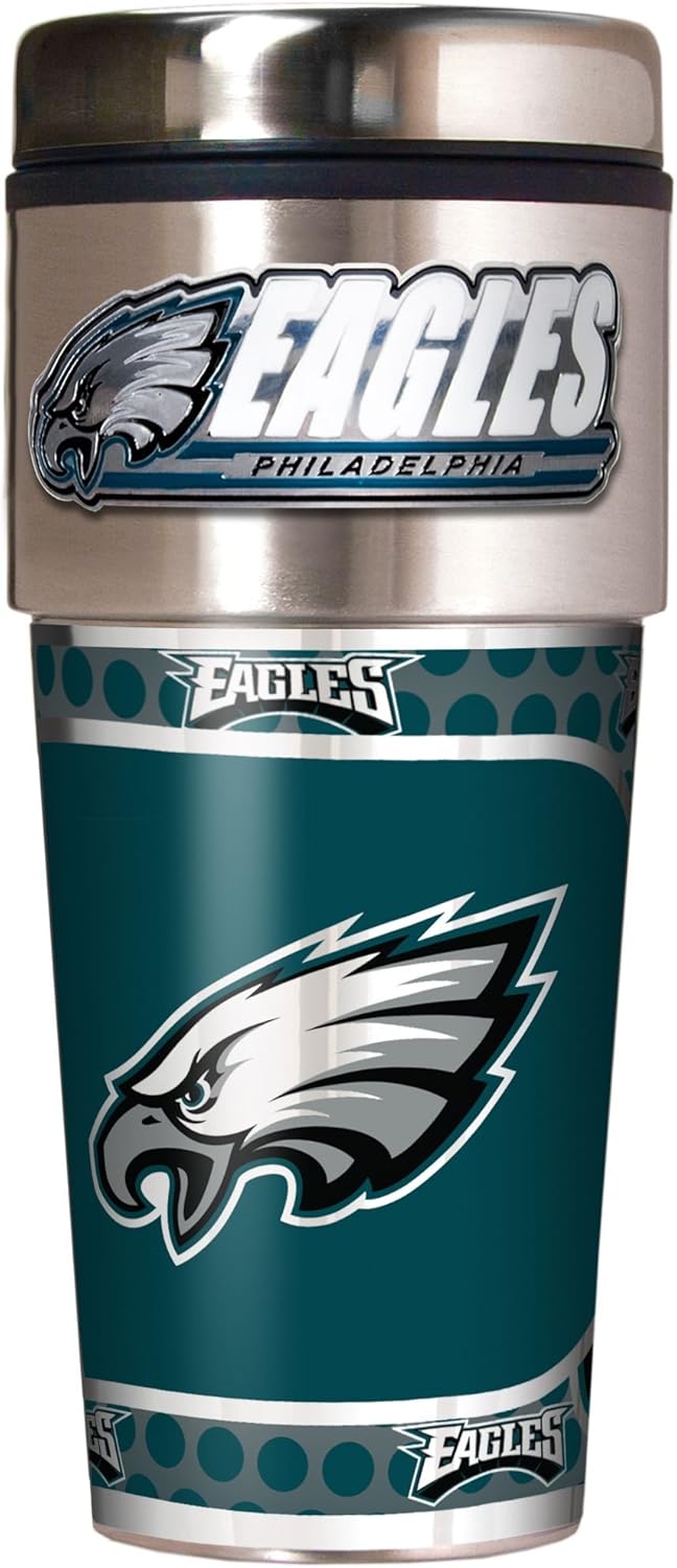 NFL Philadelphia Eagles Metallic Travel Tumbler, Stainless Steel and Black Vinyl, 16-Ounce
