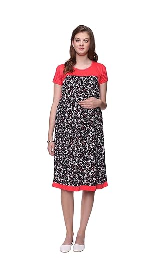 Peach & Black Printed Maternity Dress