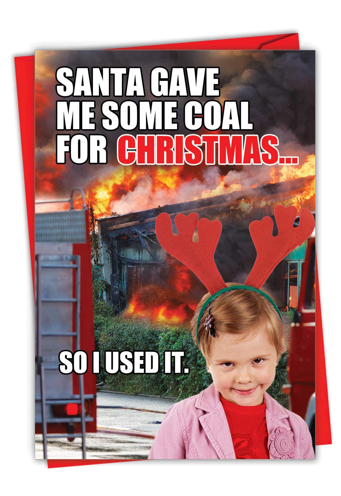 NobleWorks - Humorous Merry Christmas Card with Envelope (4.63 x 6.75 Inch) - Xmas Greeting Card Holiday Stationery Notecard - Coal for Christmas 1850