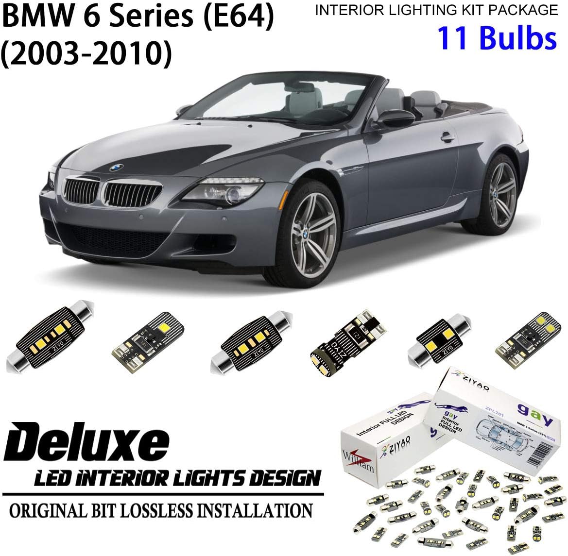 ZIYO ZPL2611 (11 Bulbs) Deluxe LED Interior Light Kit 6000K Xenon White Dome Light Bulbs Replacement Upgrade for E64 2003-2010 BMW 6 Series Convertible