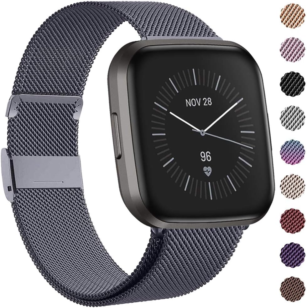 QIBOX Bands Compatible with Fitbit Versa 2 / Versa/Versa Lite Edition, Stainless Steel Metal Band Replacement Sport Bracelet Wristbands Strap Accessories with Magnet Lock Women Men