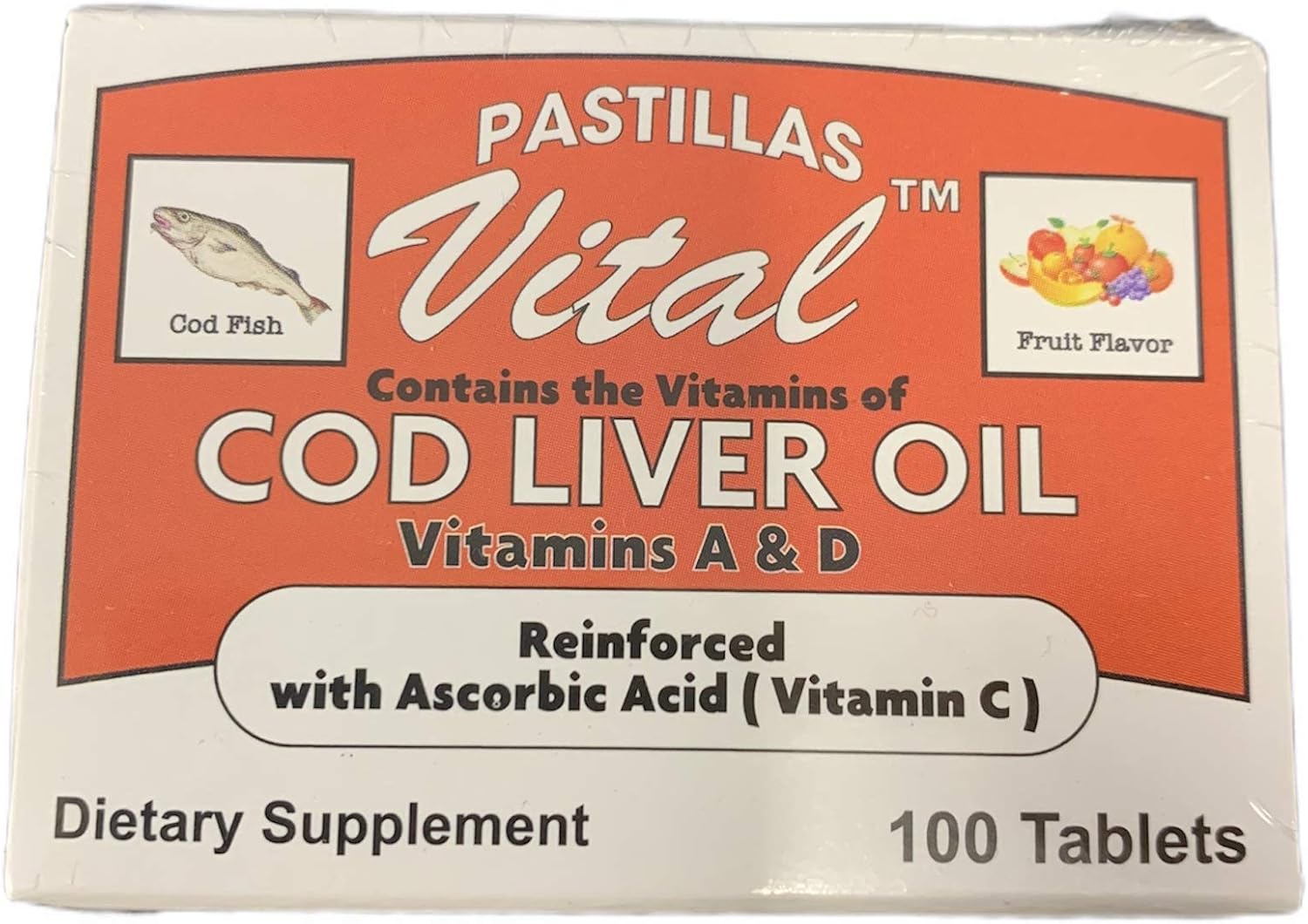 Pastillas Vital Cod Fish Liver Oil 100 Tablets, Vitamin A & D and Reinforced with Vitamin C