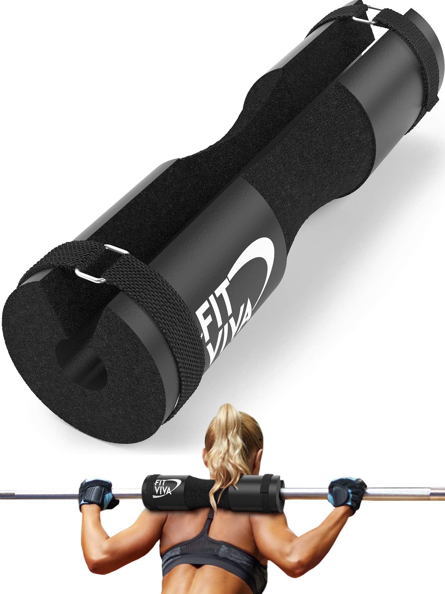 Fit Viva Barbell Pad for Standard and Olympic Barbells with Safety Straps Bonus 30 Day Challenge from Foam Pad for Weightlifting, Hip Thrusts, Squats and Lunges