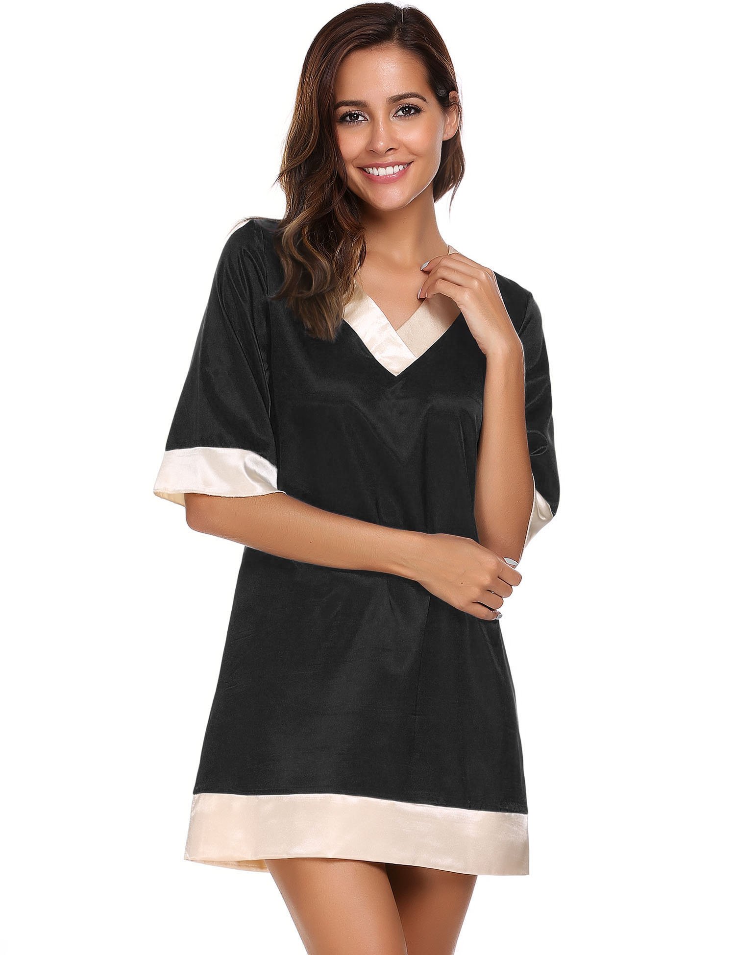 Avidlove Womens V Neck Satin Sleepwear Short Sleeve Color Block Nightgown Sleep Dress