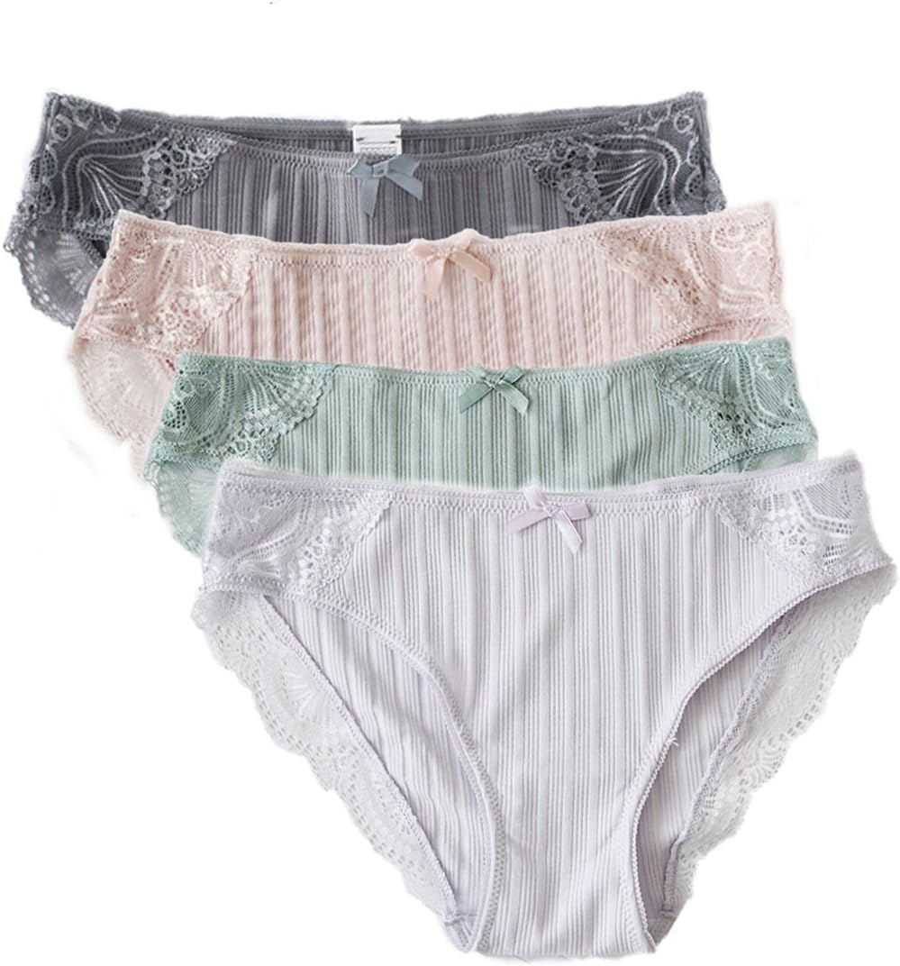 Wetopkim Women's Underwear Cotton Lace Briefs Panties Solid Hipster Pack of 4,Large,Assorted Colors