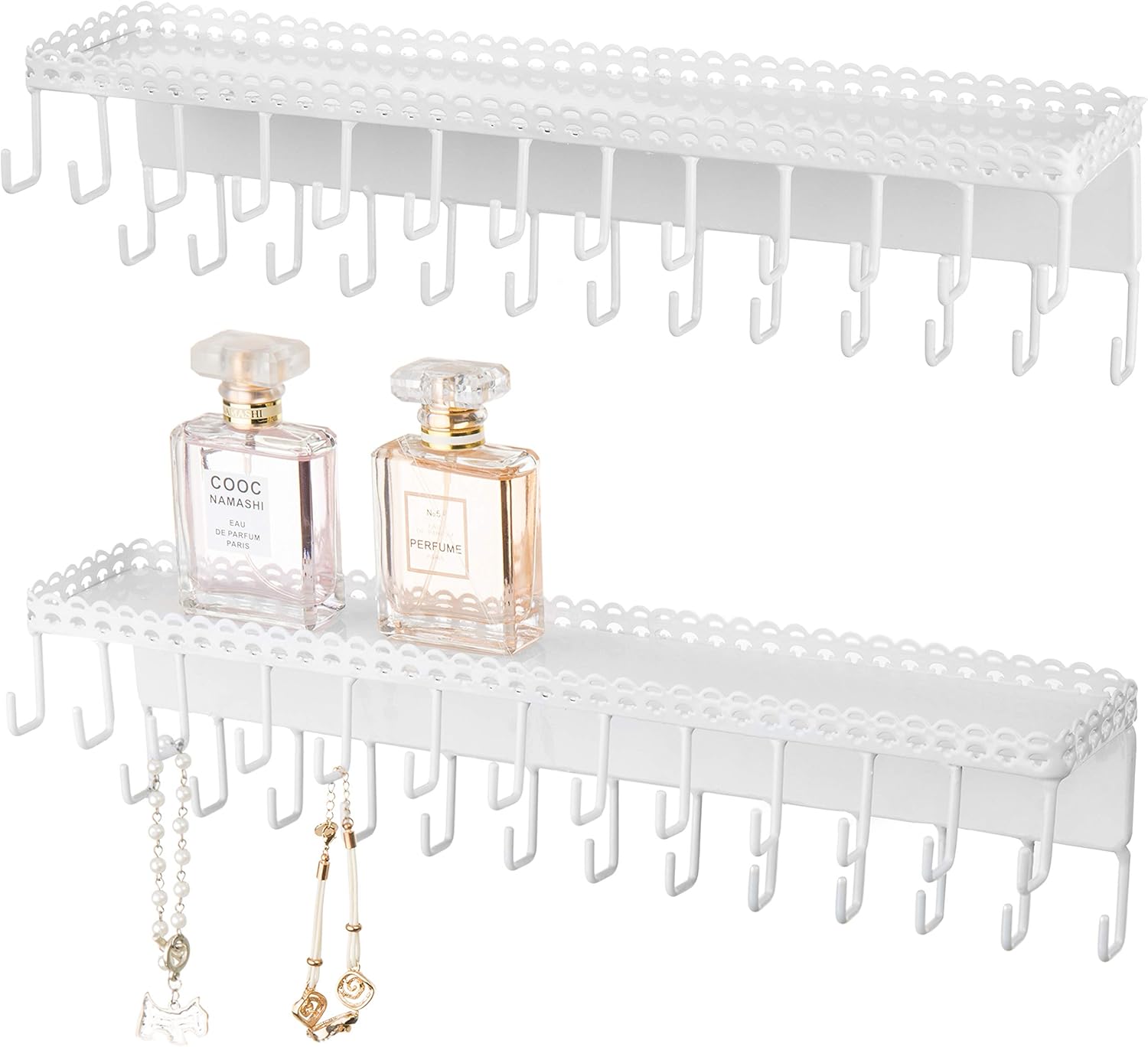 White Metal Jewelry Shelf with Hooks, Set of 2