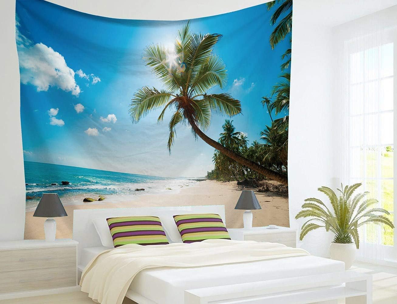 Amazon Co Jp ジャション ハワイビーチ ココナッツヤシの木 壁掛けタペストリー 自然景観シーン トロピカルアイランド 壁飾り 家 リビングルーム ベッドルーム 部屋 おしゃれ飾り 150ｘ130ｃｍ ホーム キッチン