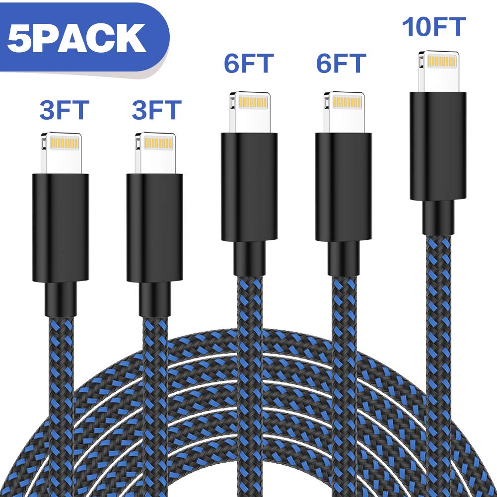 TNSO MFi Certified Phone Cable 5Pack 3FT 3FT 6FT 6FT 10FT Nylon Braided USB Charging &amp; Syncing Cord Compatible with Phone Xs max Phone 8 8 Plus 7 7 Plus 6s 6s Plus 6 6 Plus (Blue)