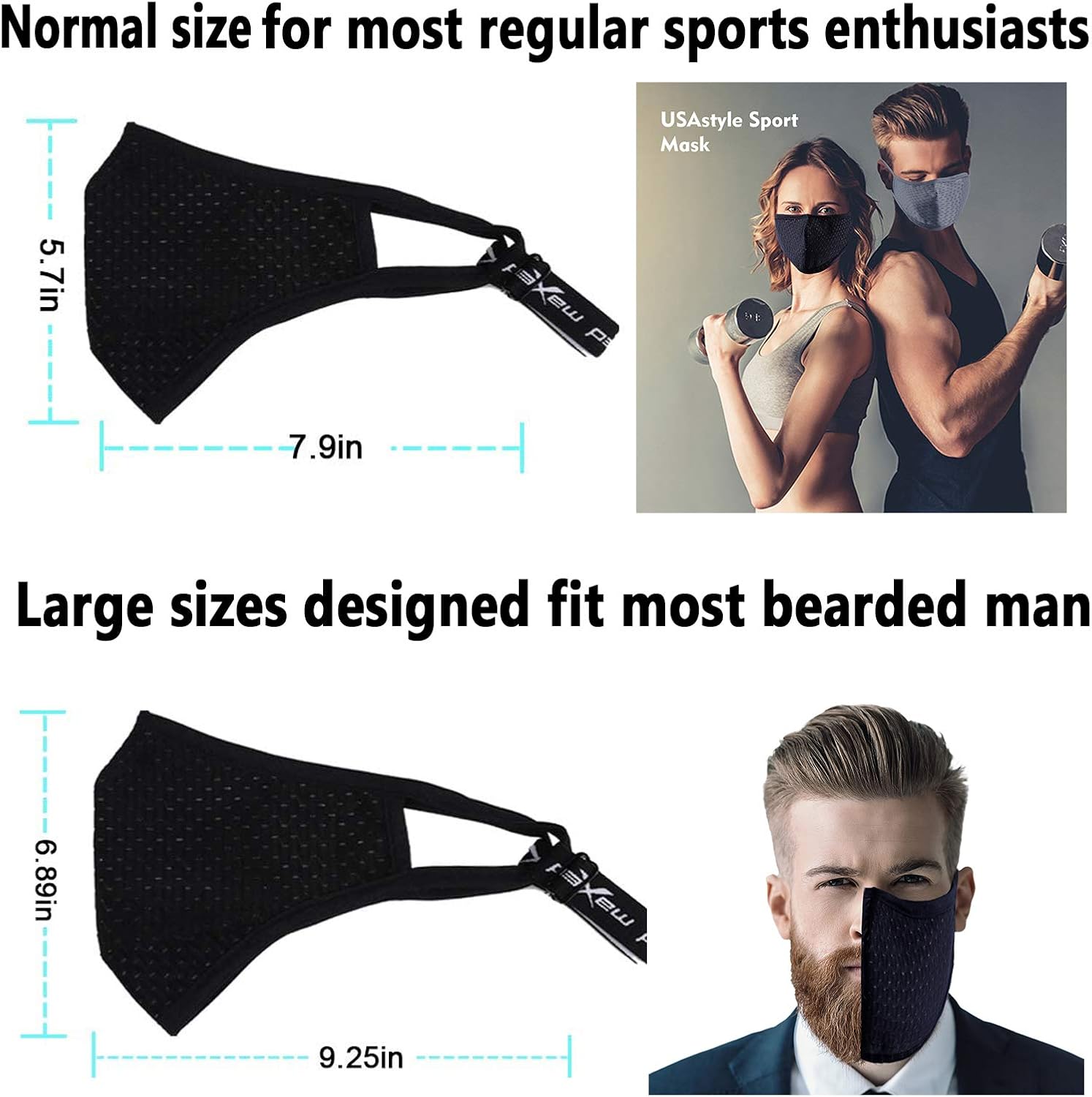 Amazon Com Black Adjustable Sport Face Mask Large Washable Reusable Comfortable Athletic Breathable Thin Covers For Fashion Big Beard Design Men Women Youth Outdoor Exercise Sports Outdoors