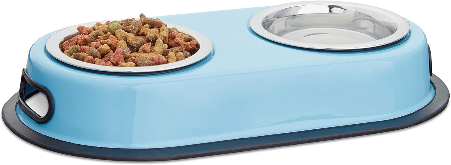 Relaxdays Stainless Steel Feeding Bowls, Dishes for Cats & Small Dogs, 2 Bowls w/ Stand, HxWxD: 5.5 x 33 x 18 cm, Blue
