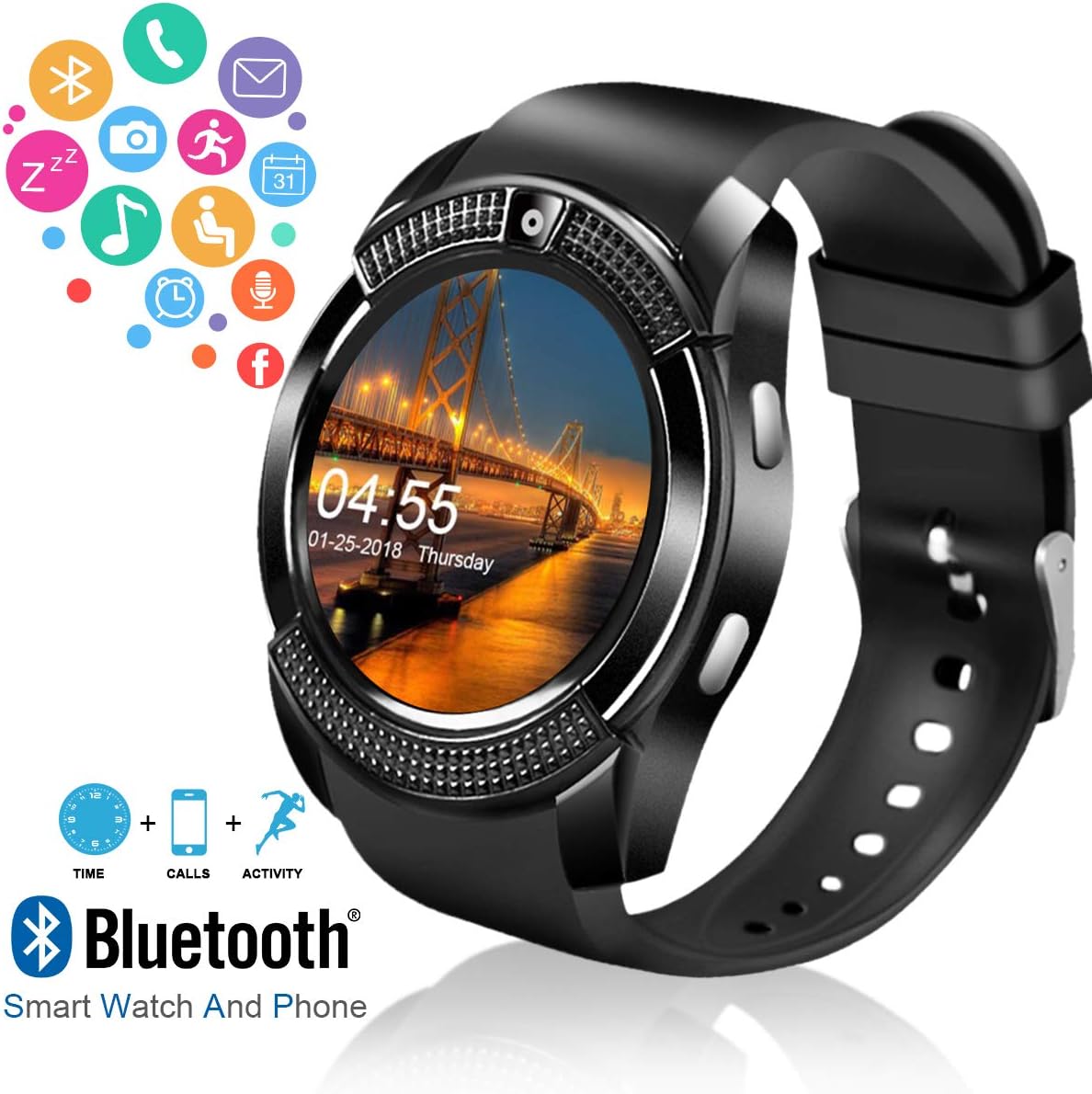 Smart Watch,Bluetooth Smartwatch Touch Screen Wrist Watch with Camera/SIM Card Slot,Waterproof Phone Smart Watch Sports Fitness Tracker for Android iPhone IOS Phones Samsung Huawei for Kids Women Men