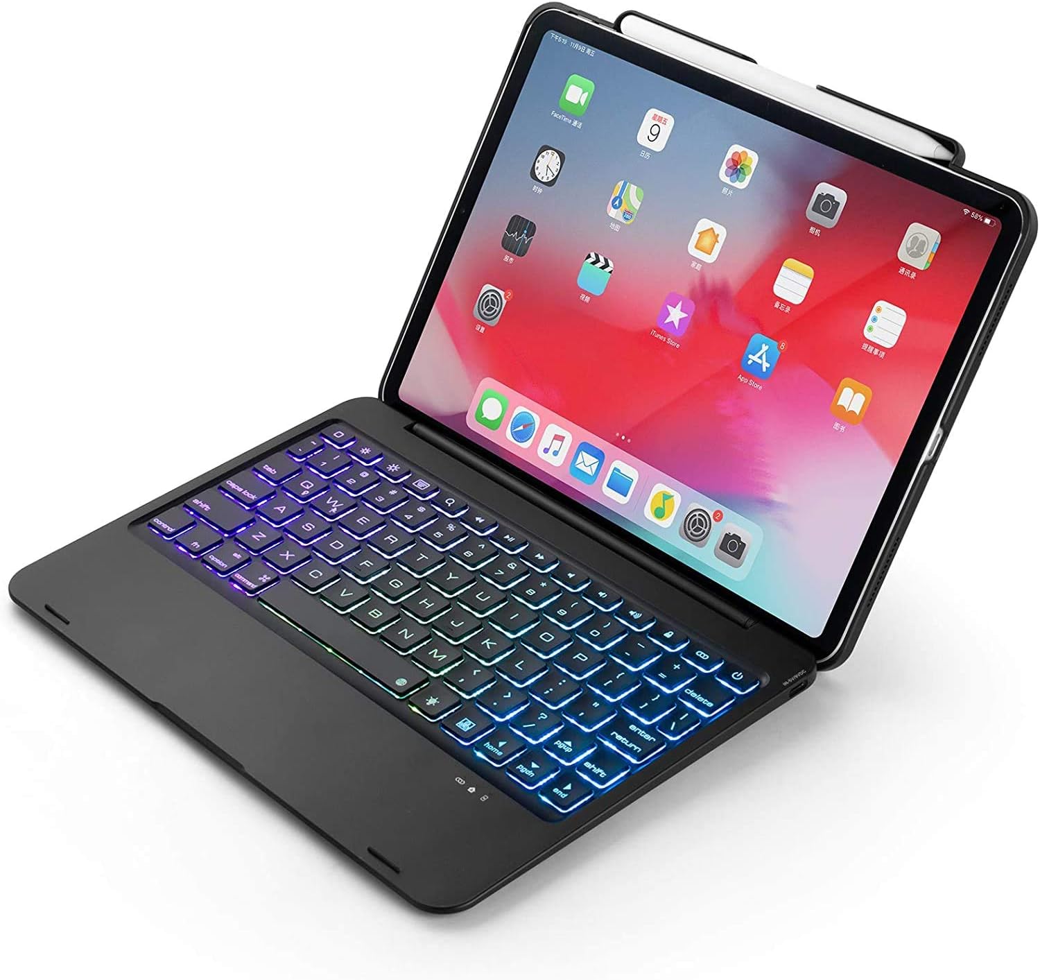 Jennyfly iPad 12.9 2020 4th Gen Keyboard Case, 7 Color Backlit Bluetooth Keyboard Mouse Touch Panel Auto Sleep-Wake Typing Comfortable Wireless Keyboard with Case for 2020 4th Gen iPad 12.9 -Black
